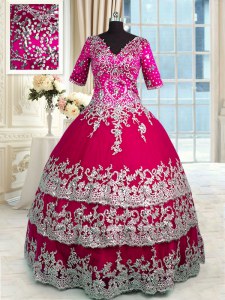 Ruffled Ball Gowns Vestidos de Quinceanera Red and Hot Pink V-neck Satin and Tulle Half Sleeves Floor Length Zipper