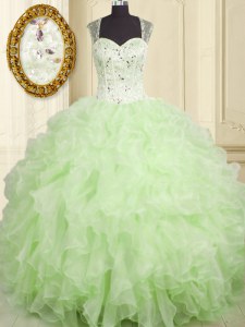 Yellow Green Ball Gowns Organza Straps Sleeveless Beading and Ruffles Floor Length Lace Up Quince Ball Gowns