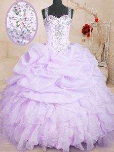 Colorful Lavender Ball Gowns Organza Straps Sleeveless Beading and Ruffles and Pick Ups Floor Length Lace Up Sweet 16 Quinceanera Dress
