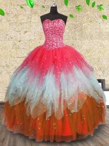 Sleeveless Floor Length Beading and Ruffles and Ruffled Layers Lace Up Quinceanera Dresses with Multi-color