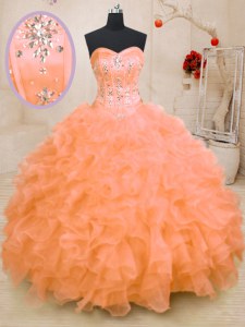 Noble Orange Ball Gowns Organza Sweetheart Sleeveless Beading and Ruffles Floor Length Lace Up Sweet 16 Dresses