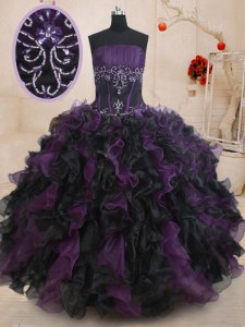 Chic Black And Purple Organza Lace Up Sweet 16 Dresses Sleeveless Floor Length Beading and Ruffles