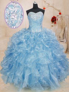 Sleeveless Floor Length Beading and Ruffles Lace Up Quinceanera Dress with Blue
