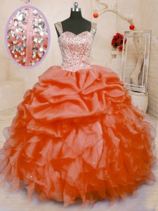 Designer Orange Red Sleeveless Floor Length Beading and Ruffles and Pick Ups Lace Up Vestidos de Quinceanera