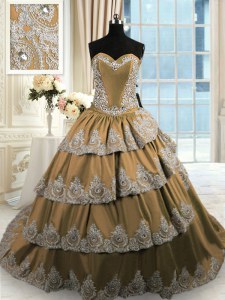 Great Sleeveless With Train Beading and Appliques and Ruffled Layers Lace Up 15th Birthday Dress with Brown Court Train