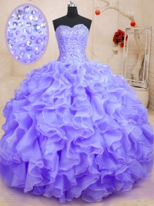 Flare Beading and Ruffles 15th Birthday Dress Lavender Lace Up Sleeveless Floor Length