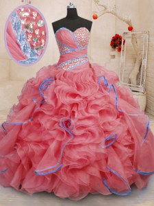 Coral Red Sleeveless Organza Brush Train Lace Up Sweet 16 Dresses for Military Ball and Sweet 16 and Quinceanera