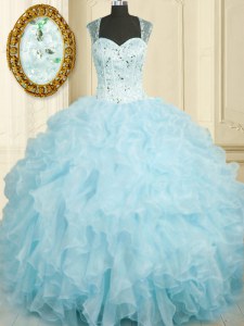Straps Sleeveless Lace Up Quinceanera Dress Baby Blue Organza