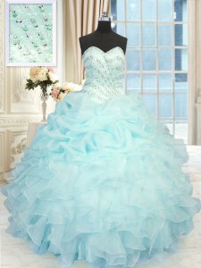 Pick Ups Aqua Blue Sleeveless Organza Lace Up Sweet 16 Dress for Military Ball and Sweet 16 and Quinceanera