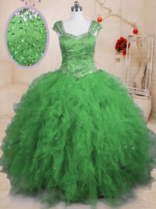 Attractive Tulle Lace Up Square Cap Sleeves Floor Length Quince Ball Gowns Beading and Ruffles