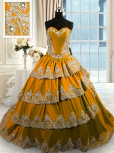 Cute Brown Taffeta Lace Up Quince Ball Gowns Sleeveless With Train Court Train Beading and Appliques and Ruffled Layers