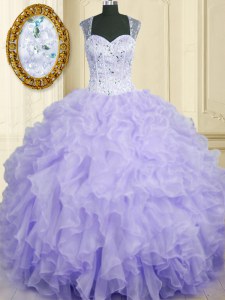 Extravagant Sleeveless Floor Length Beading and Ruffles Lace Up Quinceanera Dresses with Lavender