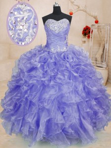 Fabulous Floor Length Lavender Quinceanera Gowns Organza Long Sleeves Beading and Ruffles