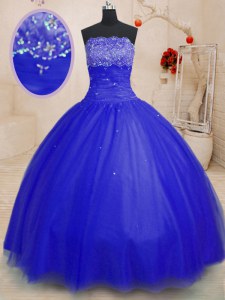 Royal Blue Quinceanera Gown Military Ball and Sweet 16 and Quinceanera and For with Beading Strapless Sleeveless Lace Up