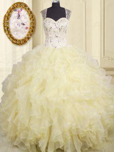 Floor Length Lace Up Sweet 16 Dress Light Yellow for Military Ball and Sweet 16 and Quinceanera with Beading and Ruffles