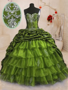 Luxurious With Train Lace Up Sweet 16 Dress Olive Green for Military Ball and Sweet 16 and Quinceanera with Beading and Appliques and Ruffled Layers and Pick Ups Sweep Train