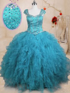 Baby Blue Cap Sleeves Floor Length Beading and Ruffles Lace Up Sweet 16 Quinceanera Dress