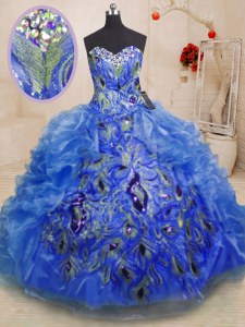 Flirting Sleeveless Organza Floor Length Zipper Sweet 16 Dresses in Blue with Beading and Appliques and Ruffles