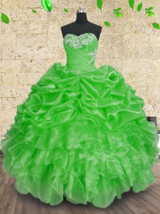 Green Organza Lace Up Sweetheart Sleeveless Floor Length Quinceanera Gowns Beading and Appliques and Ruffles and Ruching