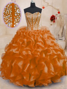 Admirable Orange Lace Up Sweetheart Beading and Ruffles Quinceanera Gown Organza Sleeveless
