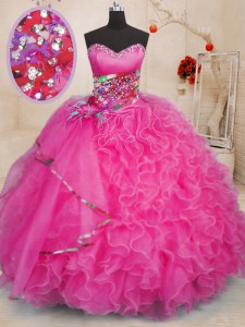 Unique Hot Pink Lace Up 15 Quinceanera Dress Beading and Ruffles Sleeveless Floor Length