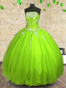 Best Selling Sleeveless Tulle Floor Length Zipper Quince Ball Gowns in with Appliques and Ruching