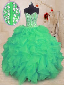 Turquoise Lace Up Sweetheart Beading and Ruffles Quince Ball Gowns Organza Sleeveless