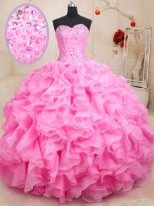 Modest Sweetheart Sleeveless Vestidos de Quinceanera Floor Length Beading and Ruffles Rose Pink Organza