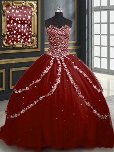 Dazzling Sleeveless Brush Train Beading and Appliques Lace Up 15 Quinceanera Dress