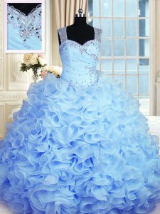 Beautiful Floor Length Zipper 15 Quinceanera Dress Baby Blue for Military Ball and Sweet 16 and Quinceanera with Beading and Ruffles
