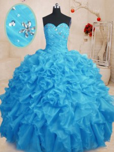 Dramatic Baby Blue Sweetheart Neckline Beading and Ruffles Vestidos de Quinceanera Sleeveless Lace Up