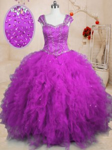 Cheap Cap Sleeves Floor Length Beading and Ruffles Lace Up Sweet 16 Quinceanera Dress with Purple