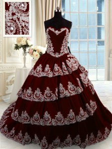 Wine Red Sweetheart Neckline Beading and Appliques and Ruffled Layers 15th Birthday Dress Sleeveless Lace Up