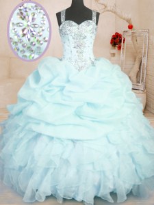 Floor Length Light Blue Ball Gown Prom Dress Organza Sleeveless Beading and Ruffles and Pick Ups