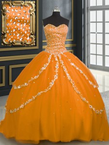 Custom Made Orange Lace Up Sweet 16 Quinceanera Dress Beading and Appliques Sleeveless With Brush Train