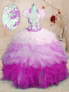 New Style With Train Multi-color 15 Quinceanera Dress Organza Brush Train Sleeveless Beading and Appliques and Ruffles