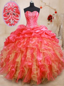 Organza Sweetheart Sleeveless Lace Up Beading and Ruffles Sweet 16 Dresses in Red