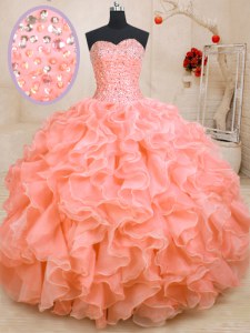 Customized Pink Lace Up Sweetheart Beading and Ruffles 15 Quinceanera Dress Organza Sleeveless
