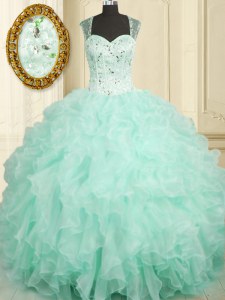 Straps Sleeveless Organza Quince Ball Gowns Beading and Ruffles Zipper