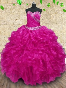 Fuchsia Sweet 16 Dress Military Ball and Sweet 16 and Quinceanera and For with Beading and Ruffles and Ruching Sweetheart Sleeveless Lace Up