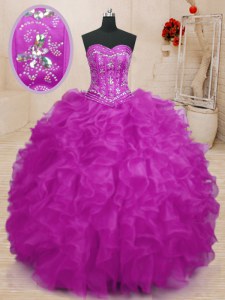 Sweet Beading and Ruffles 15th Birthday Dress Fuchsia Lace Up Sleeveless Floor Length
