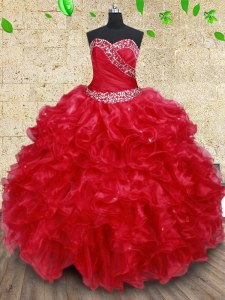 Red Ball Gowns Beading and Ruffles Sweet 16 Quinceanera Dress Lace Up Organza Sleeveless Floor Length