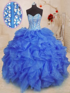 Sweetheart Sleeveless 15 Quinceanera Dress Floor Length Beading and Ruffles Royal Blue Organza