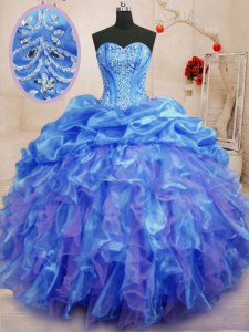 Stylish Floor Length Blue Sweet 16 Dress Organza Sleeveless Beading and Ruffles
