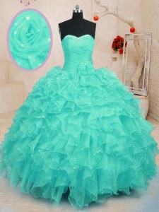 Turquoise Sweetheart Neckline Beading and Ruffles and Hand Made Flower Ball Gown Prom Dress Sleeveless Lace Up