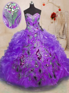 Adorable Purple Zipper Quinceanera Gown Beading and Appliques and Ruffles Sleeveless Floor Length
