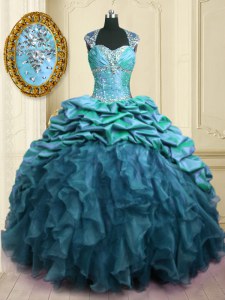 Deluxe With Train Teal Sweet 16 Dress Organza and Taffeta Brush Train Cap Sleeves Beading and Ruffles and Pick Ups