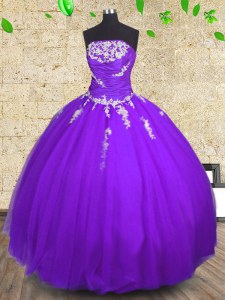 Sleeveless Floor Length Appliques and Ruching Lace Up Quince Ball Gowns with Purple