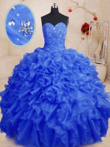 Hot Sale Royal Blue Sweetheart Neckline Beading and Ruffles Sweet 16 Quinceanera Dress Sleeveless Lace Up