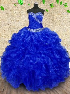 Top Selling Royal Blue Ball Gowns Beading and Ruffles and Ruching Ball Gown Prom Dress Lace Up Organza Sleeveless Floor Length